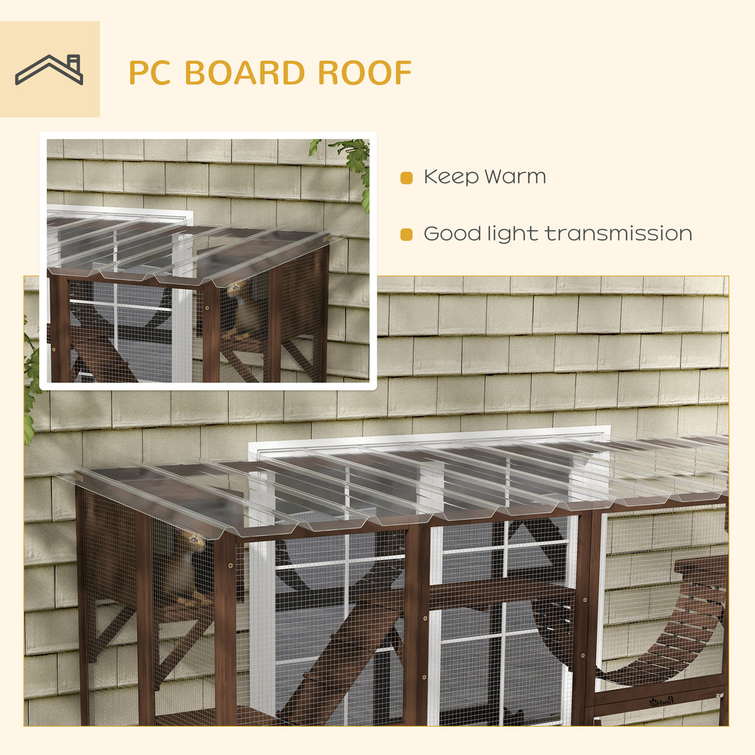 PawHut Large Outdoor Catio with Condos, Platforms, Doors, Ladders, Weather-Resistant Roof, Espresso