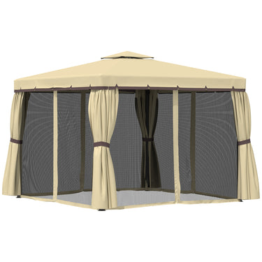 Outsunny 10' x 10' 2-Tier Outdoor Gazebo Canopy Tent with Zippered Mesh Sidewalls, Aluminum Frame for Patio, Backyard, Beige