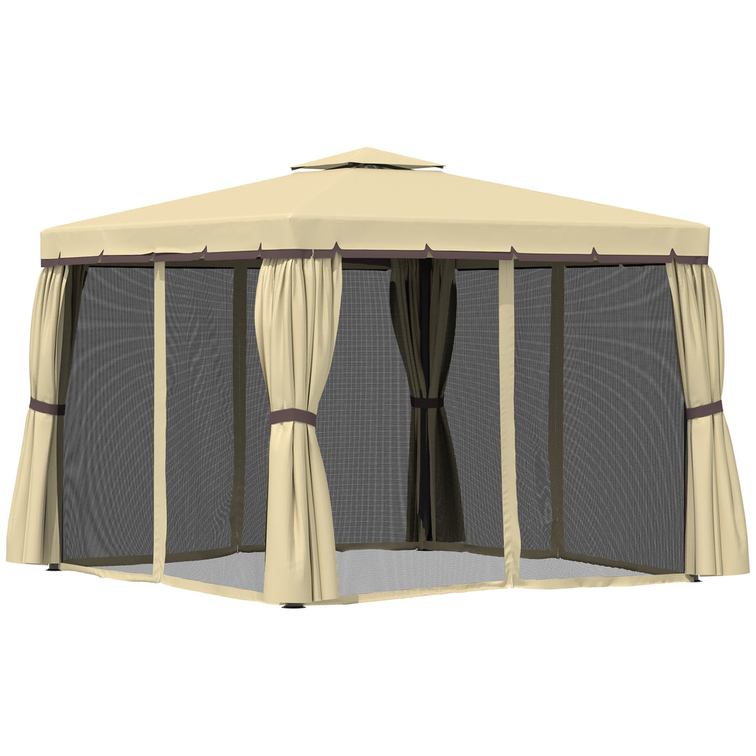Outsunny 10' x 10' 2-Tier Outdoor Gazebo Canopy Tent with Zippered Mesh Sidewalls, Aluminum Frame for Patio, Backyard, Beige