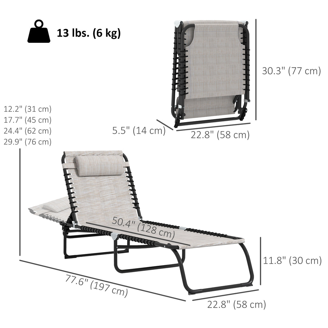 Outsunny Outdoor Folding Lounge Chair, 4-Level Adjustable Chaise Lounge with Headrest, Tanning Chair Beach Bed, Reclining Lounger Cot for Camping, Hiking, Backyard, Cream