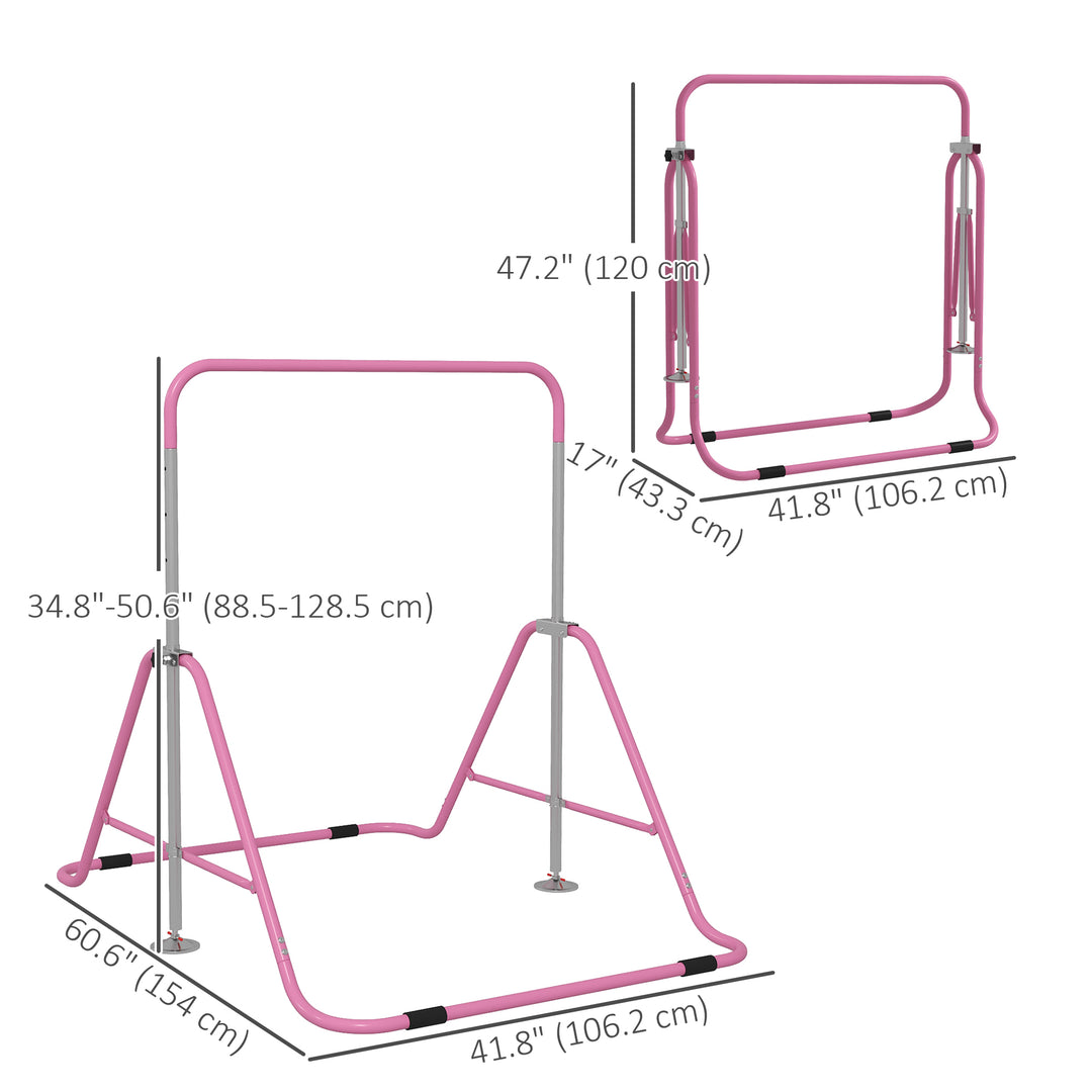 Qaba Foldable Gymnastics Bar for Kids, Expandable Gymnastics Equipment with Adjustable Height for Boys Girls, Pink