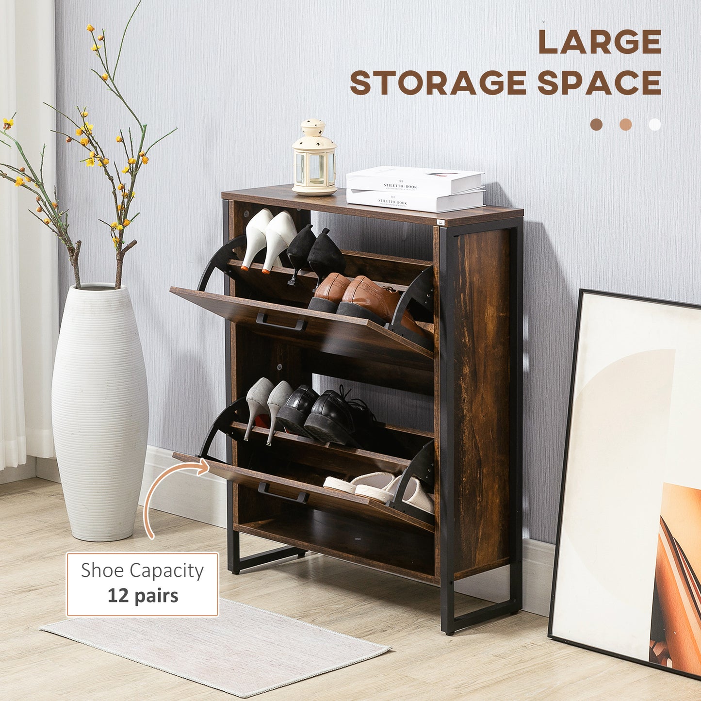 HOMCOM Shoe Cabinet with 2 Flip Doors, Slim 2-Drawer Shoe Cupboard with Divider and Open Compartment for 12 Pairs of Shoes, Entryway Storage Unit, Rustic Brown