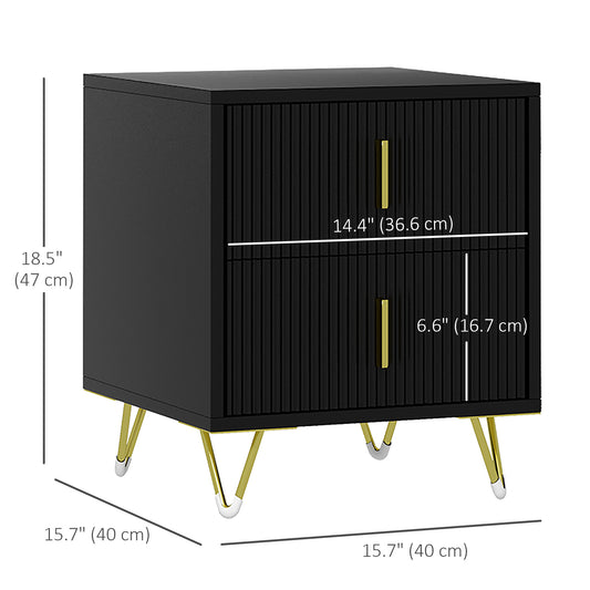 HOMCOM Bedside Table, Modern Nightstand with 2 Drawers, Side End Table with Metal Legs for Living Room, Bedroom, Black