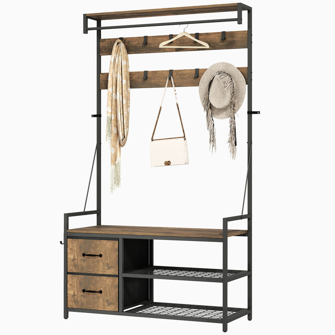 HOMCOM 6-In-1 Hall Tree with Bench and Shoe Storage, Coat Rack Shoe Bench with 10 Hooks, 2 Fabric Drawers, Rustic Brown
