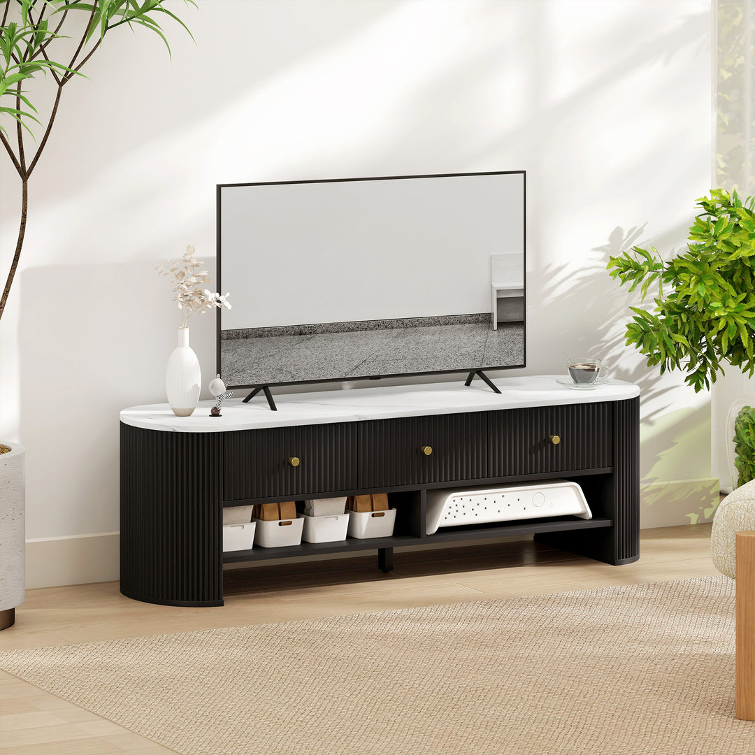 HOMCOM TV Stand, Modern TV Table with Marble-Effect Top, 3 Drawers and 2 Open Shelves for 32-65 Inch Television, Natural