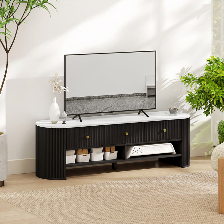 HOMCOM TV Stand, Modern TV Table with Marble-Effect Top, 3 Drawers and 2 Open Shelves for 32-65 Inch Television, Natural
