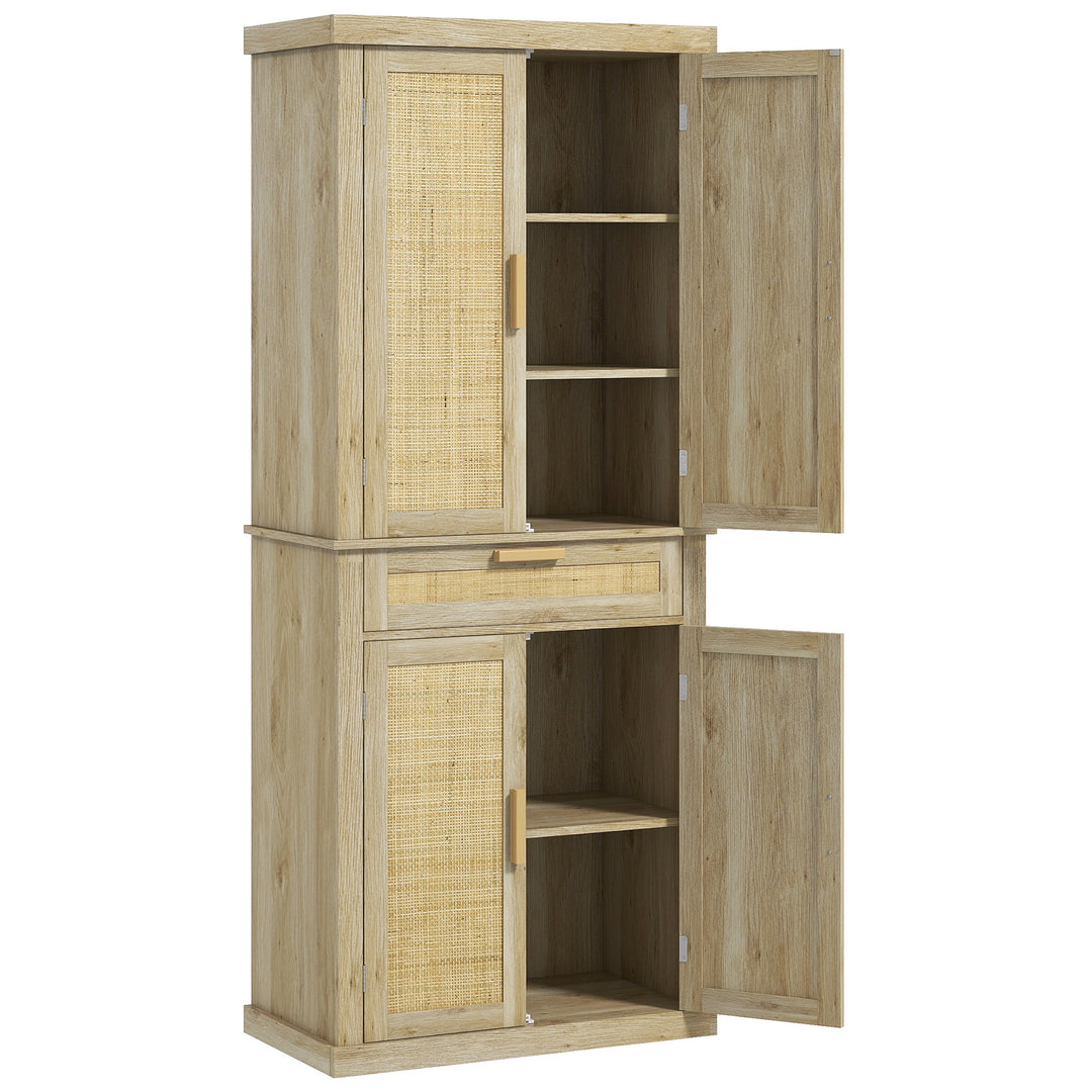 HOMCOM 72" Kitchen Storage Cabinet, Rattan Kitchen Pantry Cabinet with 4 Doors, Drawer, 5-Tier Shelf, Adjustable Shelves, Oak