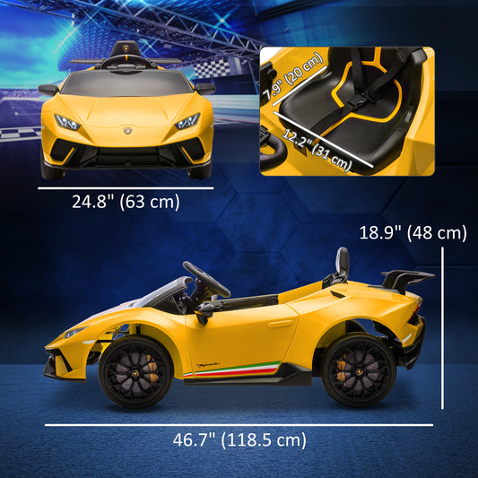 Qaba 12V Lamborghini Huracan Licensed Kids Electric Car with Remote Control, Spring Suspension, Transport Wheels, Yellow