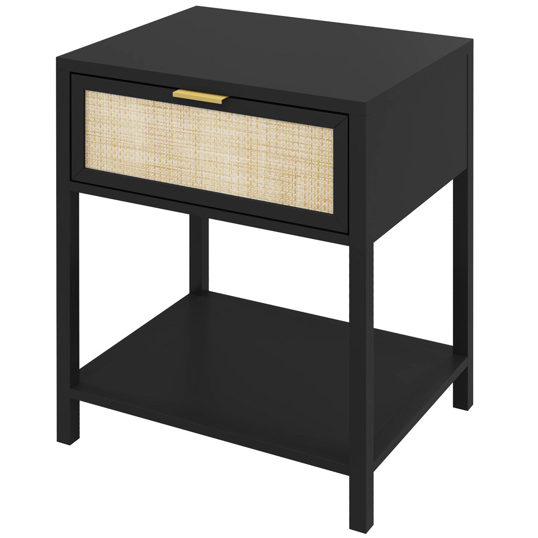 HOMCOM Boho Nightstand, Bedside Table with Rattan Drawer and Open Shelf, Side End Table for Bedroom, Living Room