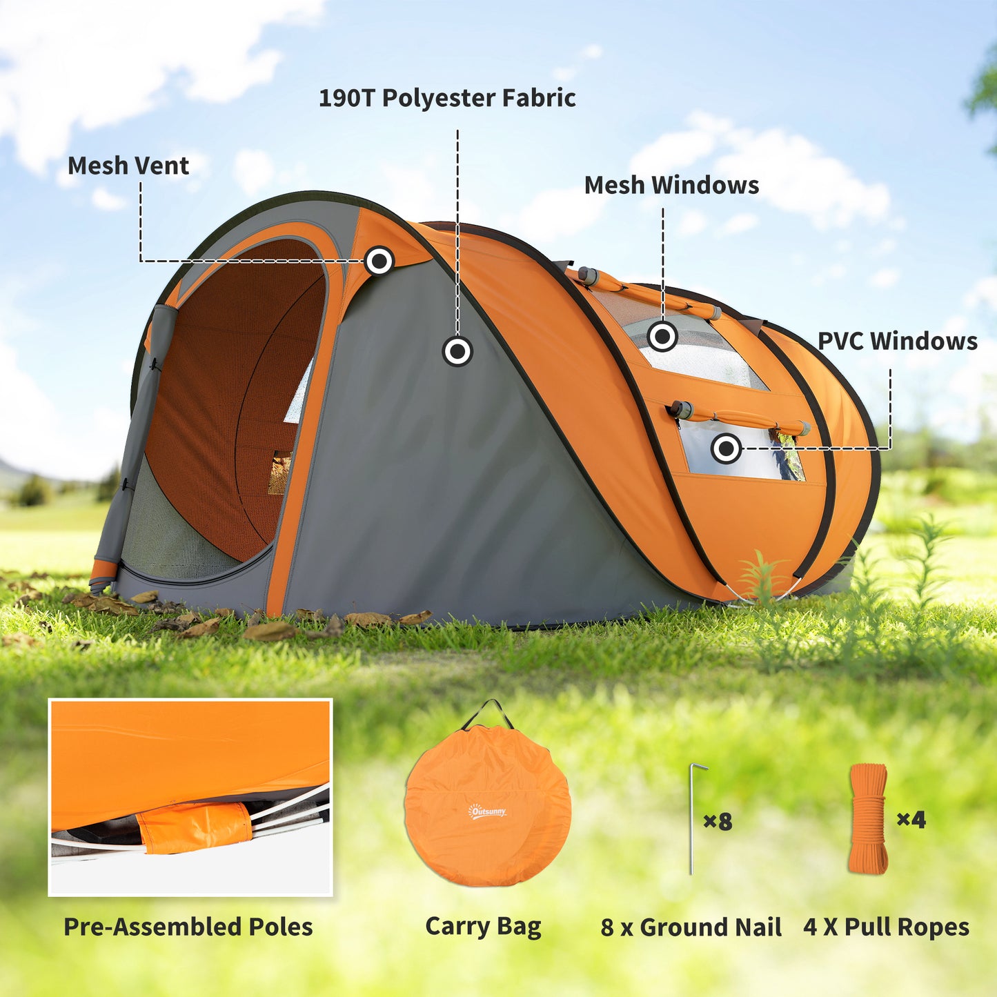 Outsunny 4 Person Camping Tent, Easy Pop Up Tent with Doors, Windows and Carry Bag, Automatic Setup Tent for Hiking, Orange