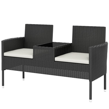 Outsunny Patio Furniture w/ Mid-Table PE Rattan Loveseat w/ Cushion, Cream White