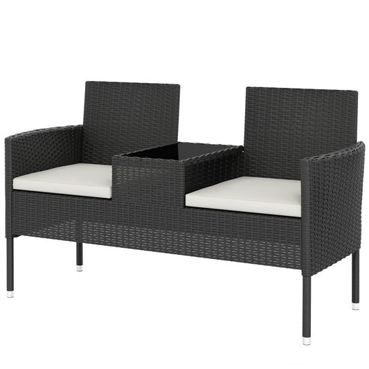 Outsunny Patio Furniture w/ Mid-Table PE Rattan Loveseat w/ Cushion, Cream White