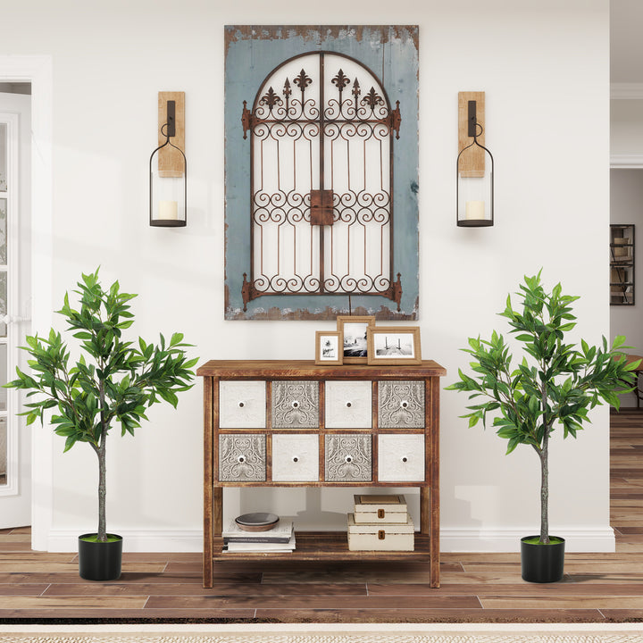 HOMCOM Potted Fake Plants Set of 2, Lifelike Laurel Artificial Trees with 345 PEVA Leaves for Indoor Outdoor Decor, Green