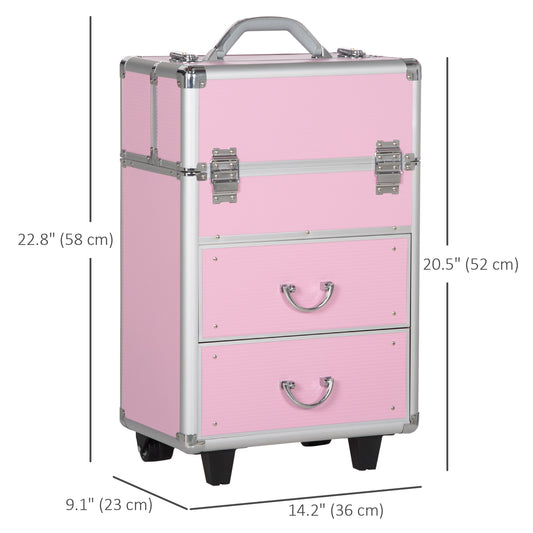HOMCOM Rolling Makeup Train Case, Large Storage Cosmetic Trolley, Lockable Traveling Cart Trunk with Folding Trays, Swivel Wheels