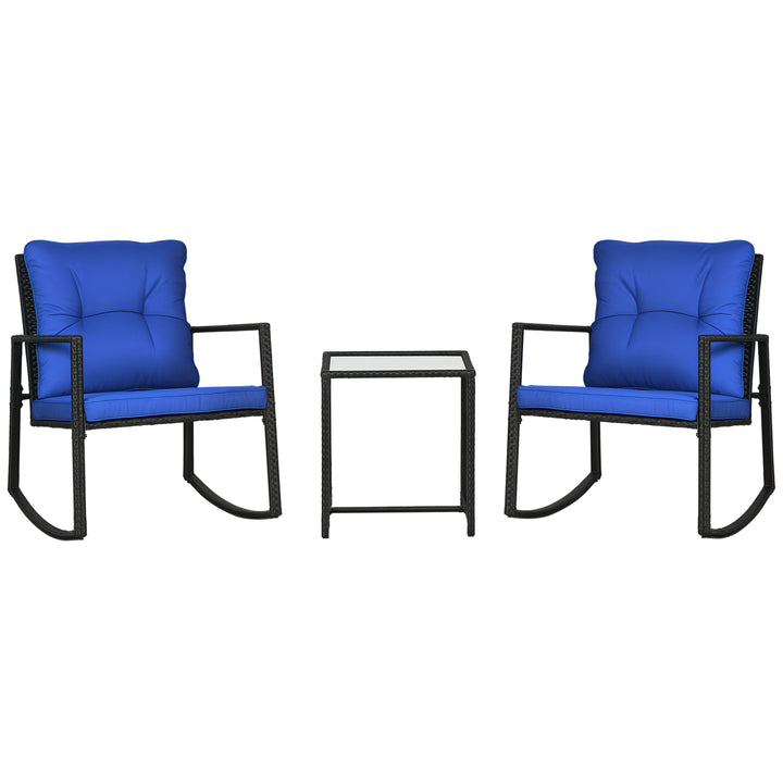Outsunny 3 Pieces Rocking Bistro Set, Outdoor Wicker Patio Furniture with Glass Coffee Table and Outside Rocking Chairs for Porch, Conversation Sets with Thick Cushions, Blue