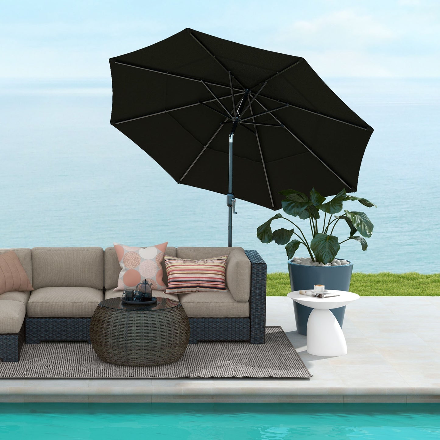 Outsunny 9FT 3 Tiers Patio Umbrella Outdoor Market Umbrella with Crank, Push Button Tilt for Deck, Backyard and Lawn, Sky Blue