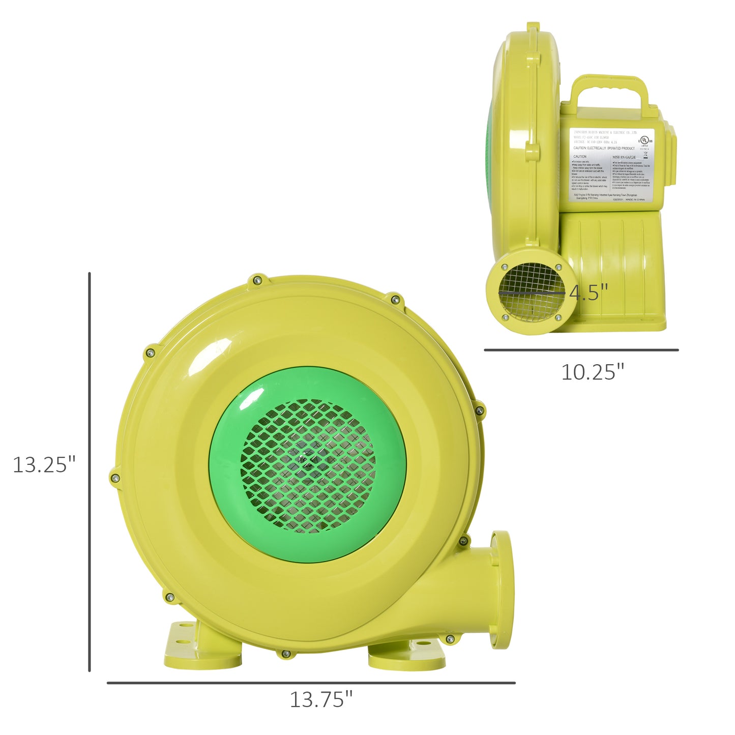 Outsunny Electric Air Blower 450-Watt Fan Blower Compact and Energy Efficient Pump Indoor Outdoor for Inflatable Bounce House, Bouncy Castle and Pneumatic Swimming Pool, Yellow
