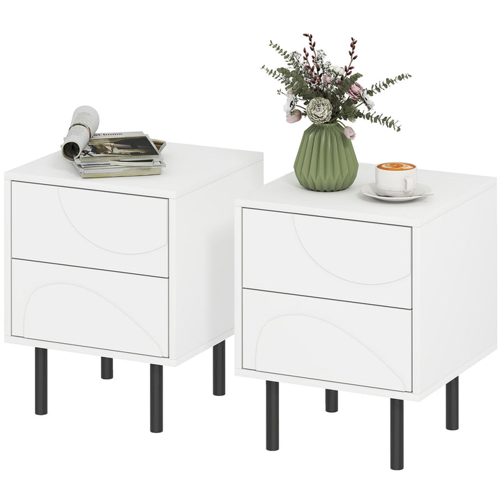 HOMCOM Nightstand Set of 2, Modern Bedside End Table with Push-to-Open Drawers and Steel Legs for Living Room, Bedroom, White