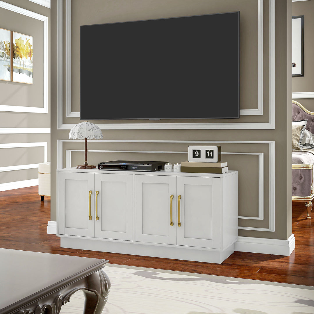 HOMCOM Modern TV Stand for up to 55" TV, TV Cabinet with 4 Soft Hinged Doors, 4 Cable Holes and 2 Adjustable Shelves, White