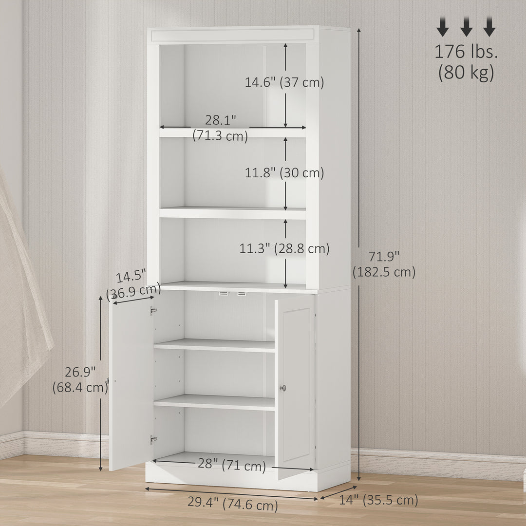 HOMCOM 72" Kitchen Buffet with Hutch, Freestanding Cupboard, Pantry with 6-Tier Shelving, 2 Doors Cabinet with Adjustable Shelves, White, Wood Grain