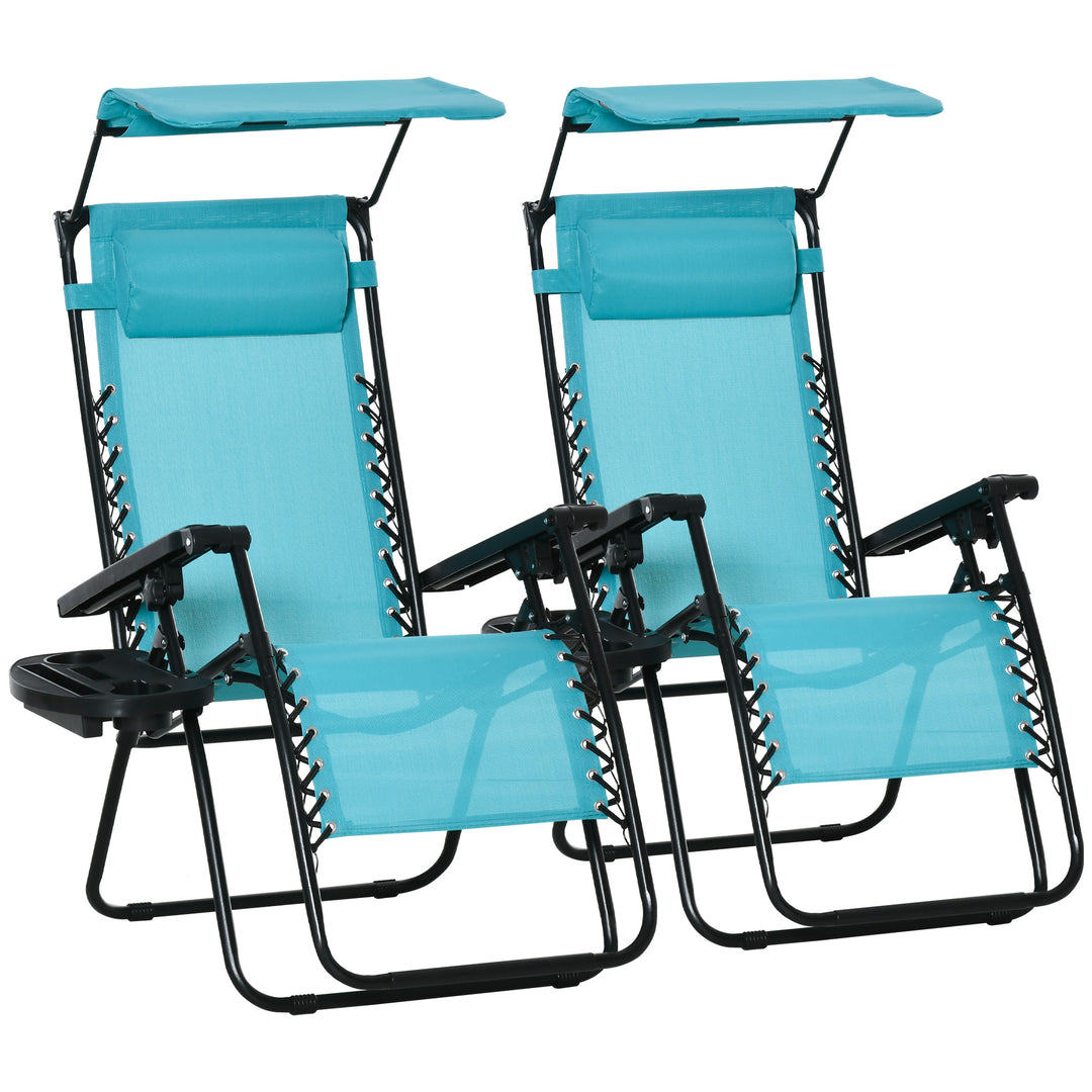 Outsunny 2 Piece Foldable Lounge Chair with Canopy Shade, Outdoor Zero Gravity Chair w/ Side Tray & Cup Holder, Reclining Lounger w/ Breathable Mesh Fabric Seat, Pillow, Sky Blue
