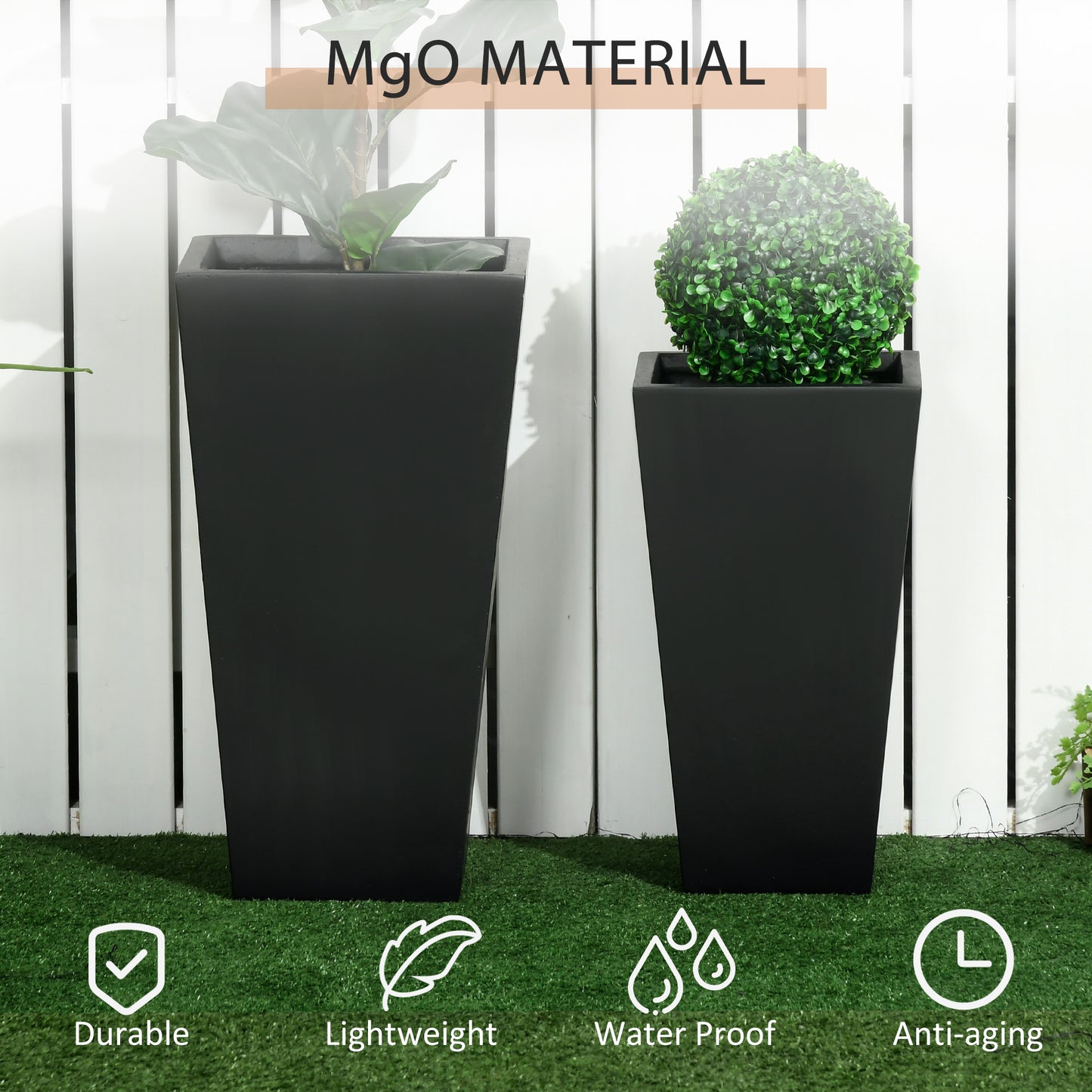 Outsunny Set of 2 Tall Planters with Drainage Holes, 22" / 18" Outdoor Flower Pots for Patio, Yard, Garden, Grey