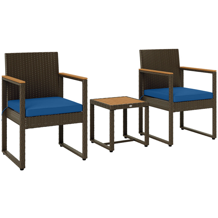 Outsunny 3 Pieces Wicker Patio Furniture Set, Rattan Bistro Set w/ Acacia Wood Table & Removable Cushions, Dark Blue