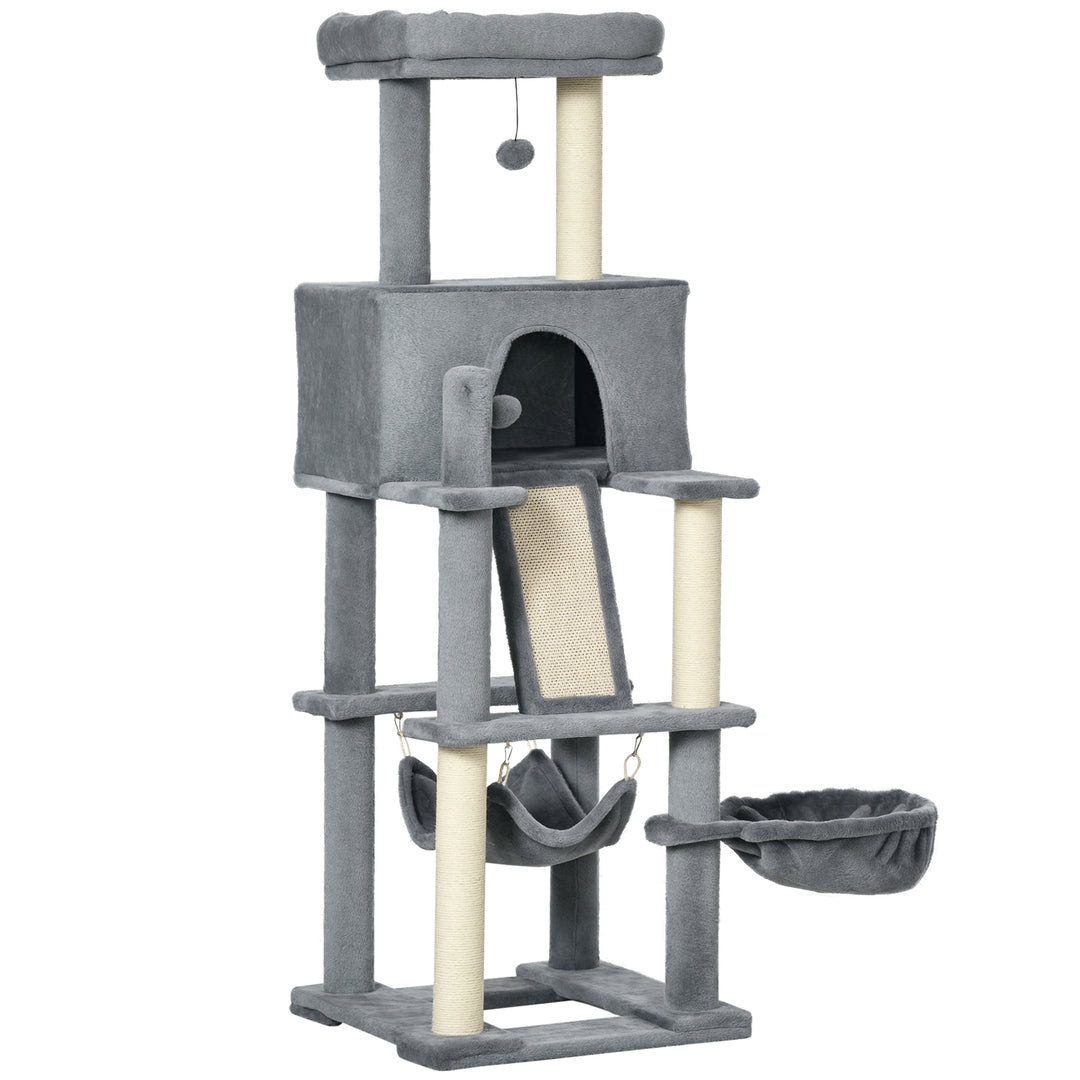 PawHut 55" Cat Tree for Indoor Cats, Cat Tower, Kitty Activity Center with Cat Bed Ramp Condo Hammocks Hanging Ball Toys Sisal Rope Scratching Post, Grey