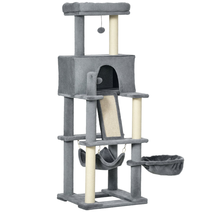 PawHut 55" Cat Tree for Indoor Cats, Cat Tower, Kitty Activity Center with Cat Bed Ramp Condo Hammocks Hanging Ball Toys Sisal Rope Scratching Post, Grey