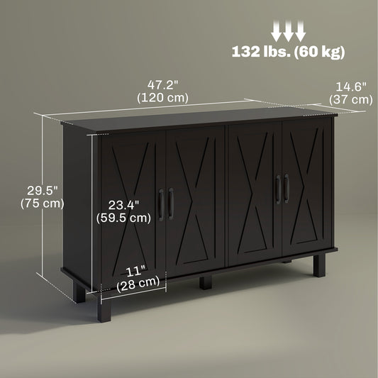 HOMCOM Kitchen Sideboard Cabinet with 4 Barn Doors and 2 Adjustable Shelves, Buffet Table for Living Room, Hallway, Black