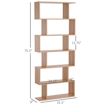 HOMCOM 76" 6-Tier Geometric Wooden Bookcase S Shaped Storage Display Bookshelf Modern shelf Open Concept Living Room Home Office Furniture, Maple