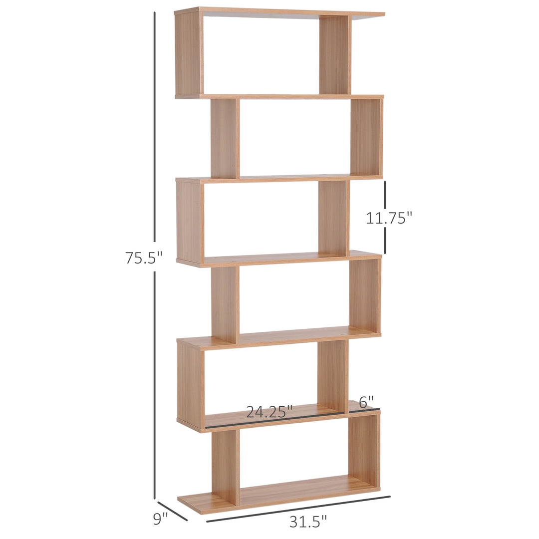 HOMCOM 76" 6-Tier Geometric Wooden Bookcase S Shaped Storage Display Bookshelf Modern shelf Open Concept Living Room Home Office Furniture, Maple