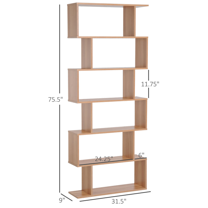 HOMCOM 76" 6-Tier Geometric Wooden Bookcase S Shaped Storage Display Bookshelf Modern shelf Open Concept Living Room Home Office Furniture, Maple