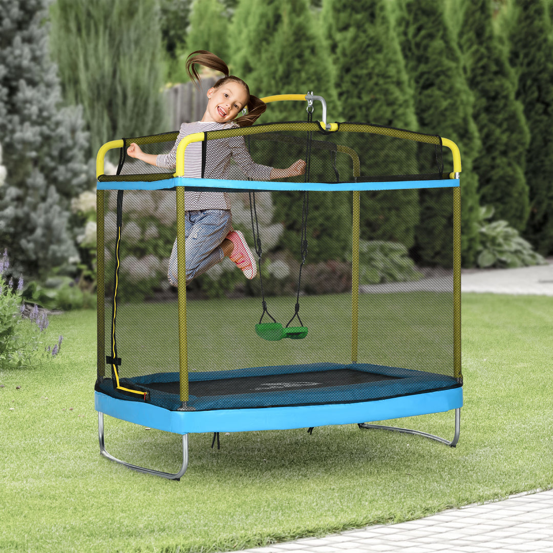 Qaba 6.9FT Kids Trampoline with Safety Net, Gymnastics Bar, Swing, Toddler Trampoline for 3+ Years Old Indoor/Outdoor