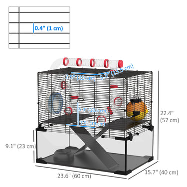 PawHut Hamster Cage with Deep Glass Bottom, Tunnel Tube System, Platforms, Hut, Exercise Wheel, Water Bottle, 24" x 16" x 22"