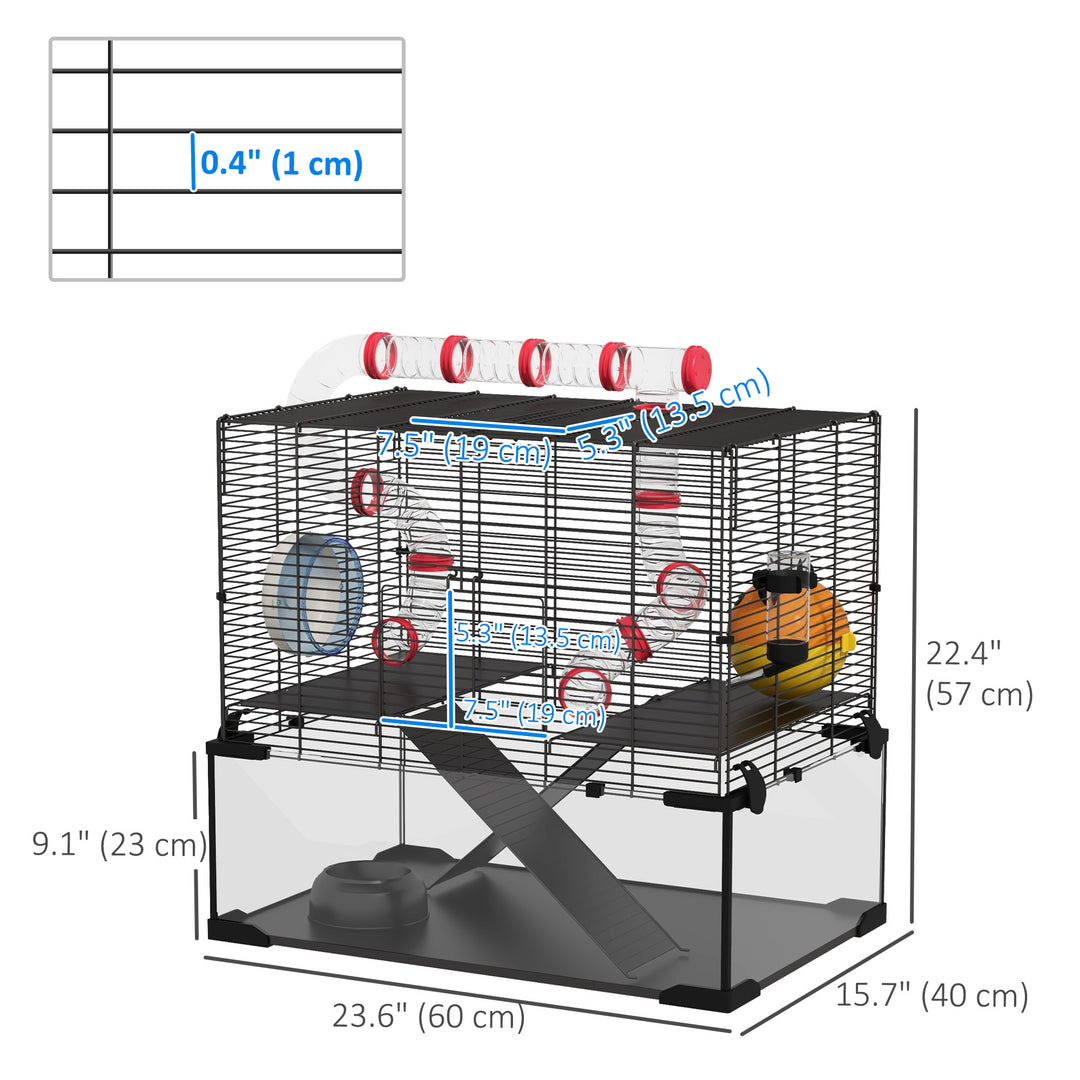 PawHut Hamster Cage with Deep Glass Bottom, Tunnel Tube System, Platforms, Hut, Exercise Wheel, Water Bottle, 24" x 16" x 22"