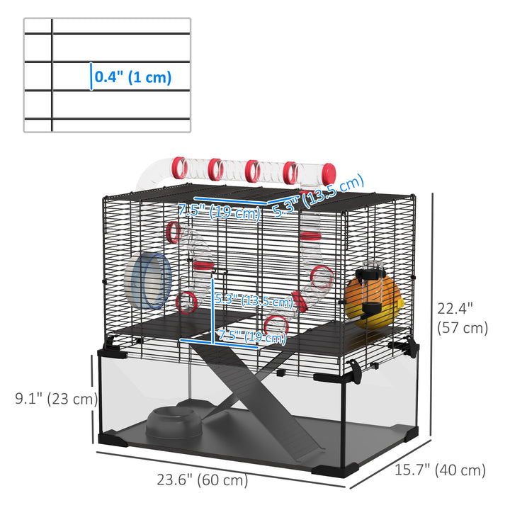 PawHut Hamster Cage with Deep Glass Bottom, Tunnel Tube System, Platforms, Hut, Exercise Wheel, Water Bottle, 24" x 16" x 22"