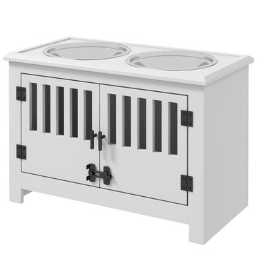 PawHut Raised Dog Bowls with 2 Stainless Bowls, Storage, for XL Dogs, White