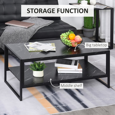 HOMCOM 2-Tier Coffee Table with Storage Shelf, Cocktail Table with Marble Textured Table Top, for Living Room Bedroom Dorm, Black