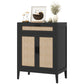 HOMCOM Kitchen Sideboard Cabinet, Boho Buffet Table with Decorative Rattan Doors and Drawers for Dining Room, Black