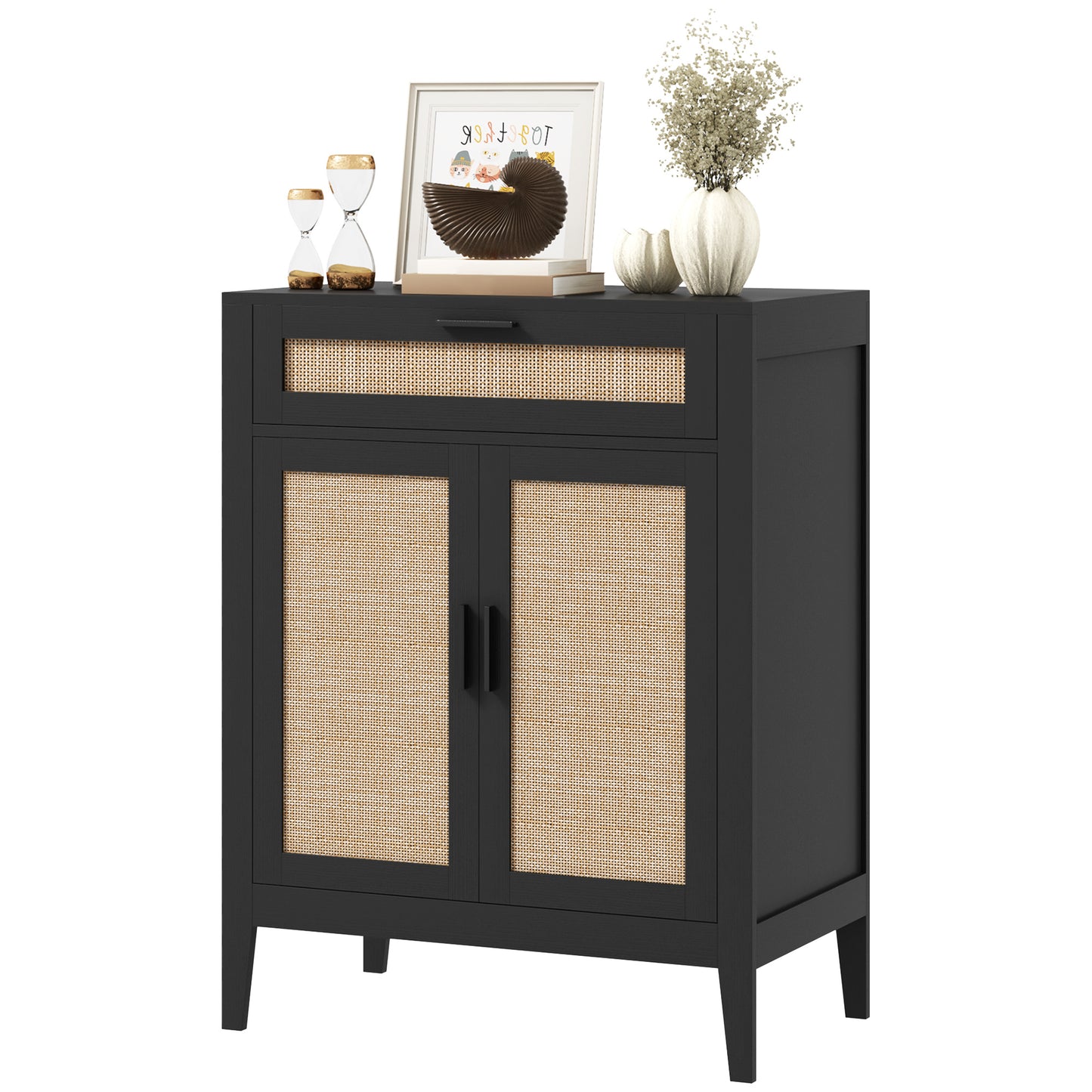 HOMCOM Kitchen Sideboard Cabinet, Boho Buffet Table with Decorative Rattan Doors and Drawers for Dining Room, Black