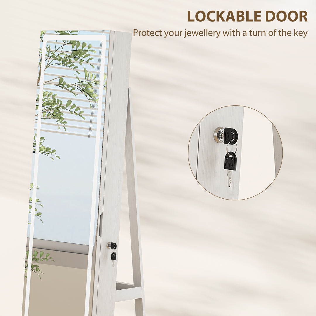 HOMCOM Jewelry Cabinet with Full Length Lockable Mirror, Standing Jewelry Armoire Organizer with LEDs, White