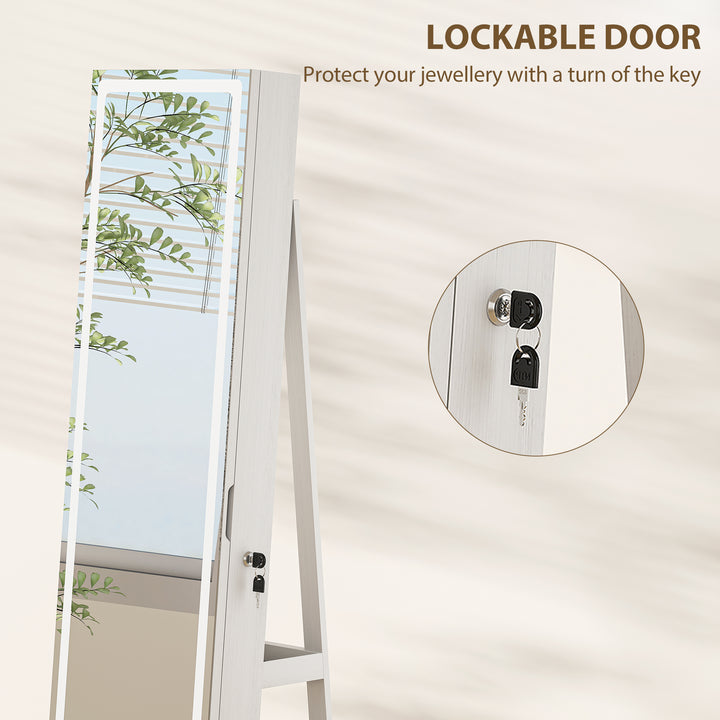 HOMCOM Jewelry Cabinet with Full Length Lockable Mirror, Standing Jewelry Armoire Organizer with LEDs, White