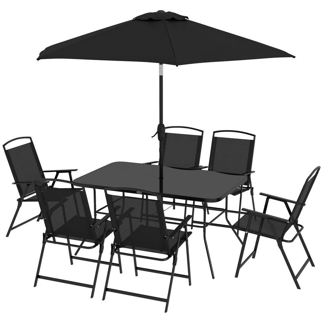 Outsunny 8 Piece Patio Set with Umbrella, 6 Folding Chairs, Rectangle Table, Outdoor Dining Set for 6 with Mesh Seat, Grey