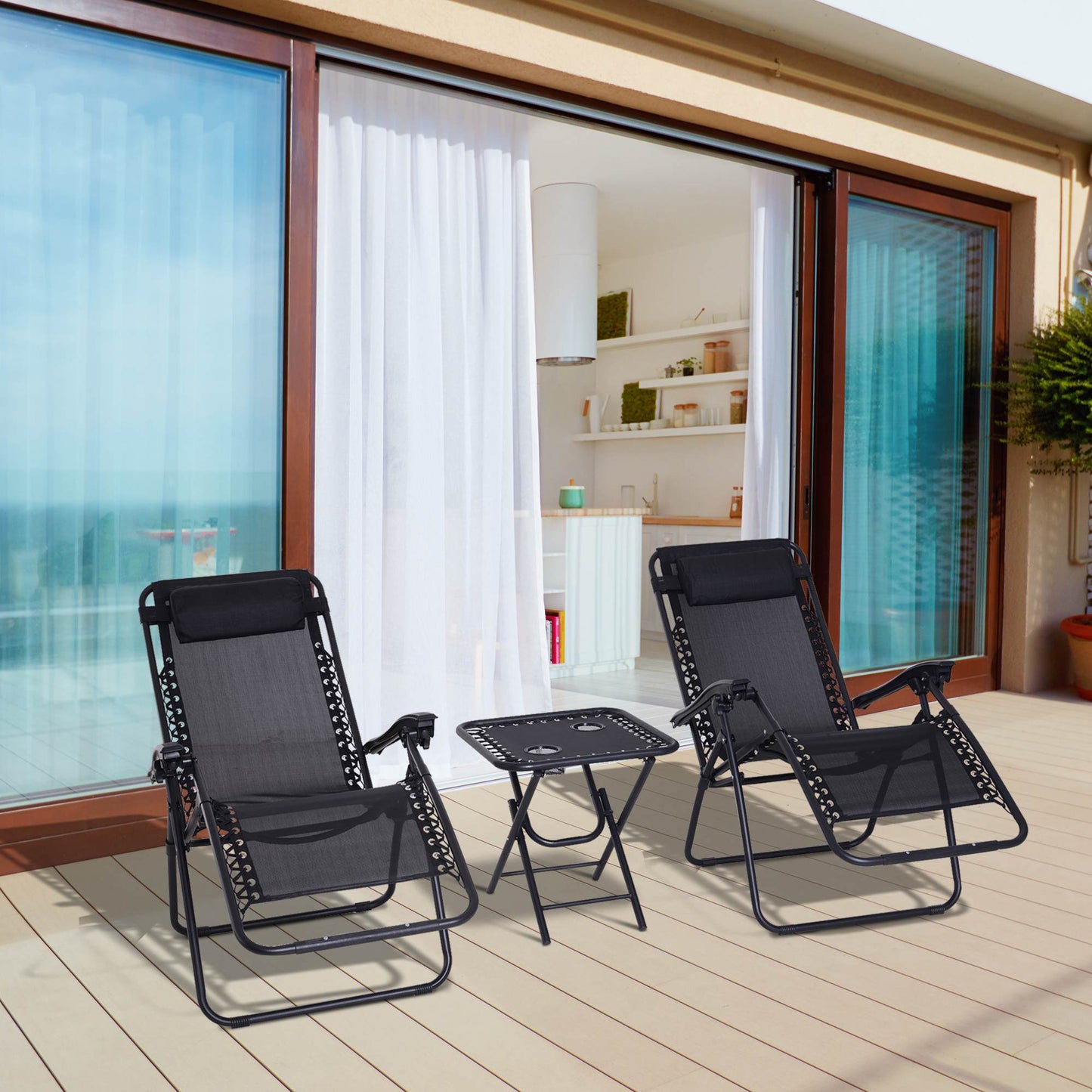 Outsunny Zero Gravity Chair Set of 2 Patio Chair with Side Table Cupholders and Pillows for Pool, Backyard, Lawn, Black