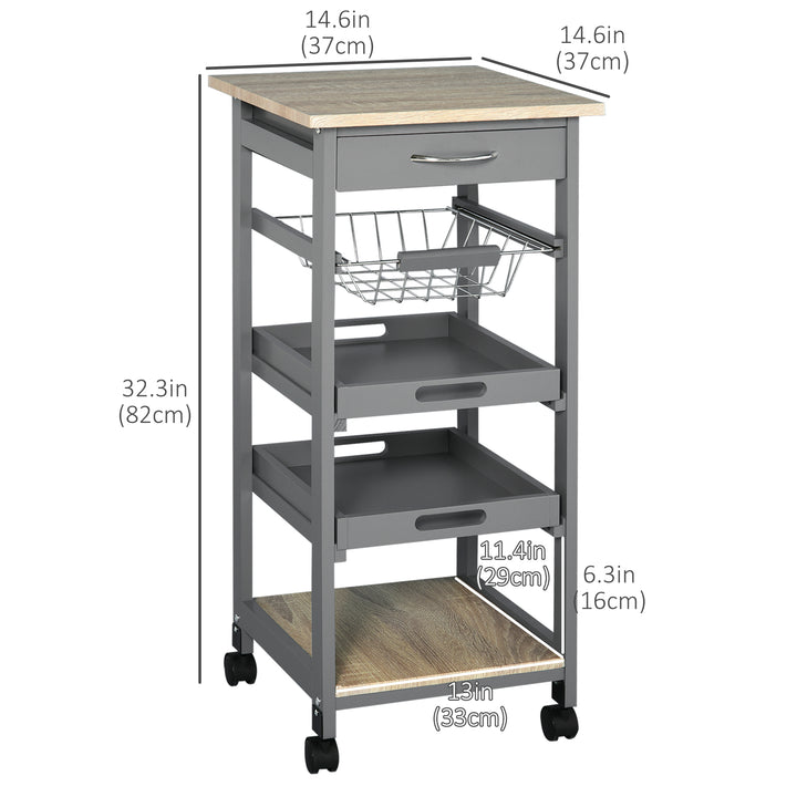 HOMCOM Rolling Kitchen Island Cart, Mobile Utility Storage Cart with Drawer, Wire Storage Basket, Removable Tray, Grey