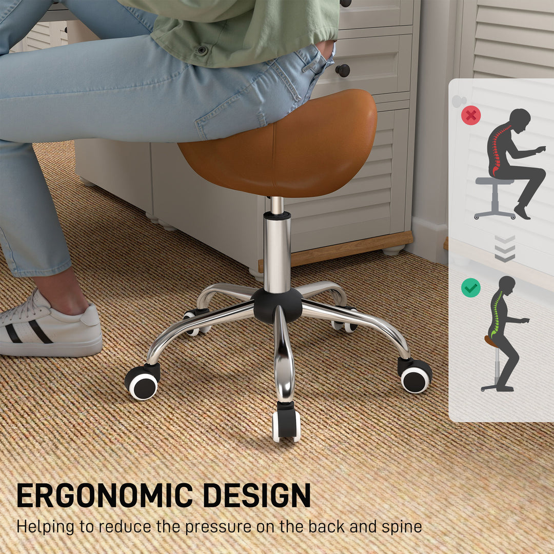 HOMCOM Cosmetic Stool 360° Rotate Height Adjustable Salon Massage Spa Chair Hydraulic Rolling Faux Leather Saddle Stool Mobility, Cream White