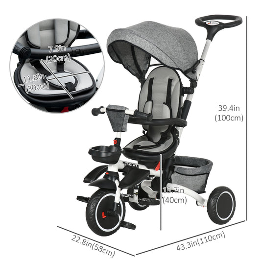 Aosom 6-in-1 Toddler Tricycle for 12-50 Months, Foldable Kids Trike with Adjustable Seat and Push Handle, Safety Harness, Removable Canopy, Footrest, Grey
