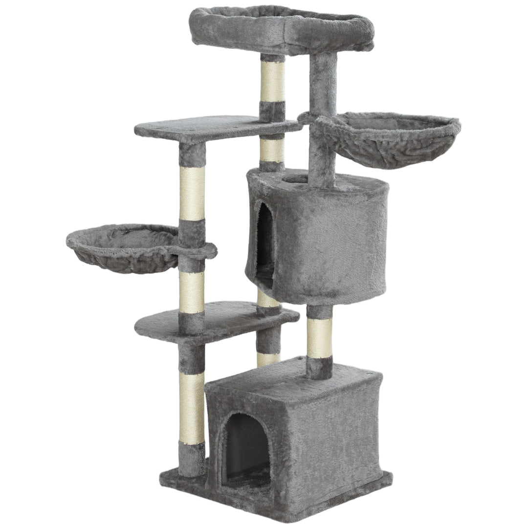 PawHut 52.5" Cat Tree Tower with Scratching Posts, Cat Condos, Bed, Platforms, Hammocks, for Indoor Cats, Dark Grey