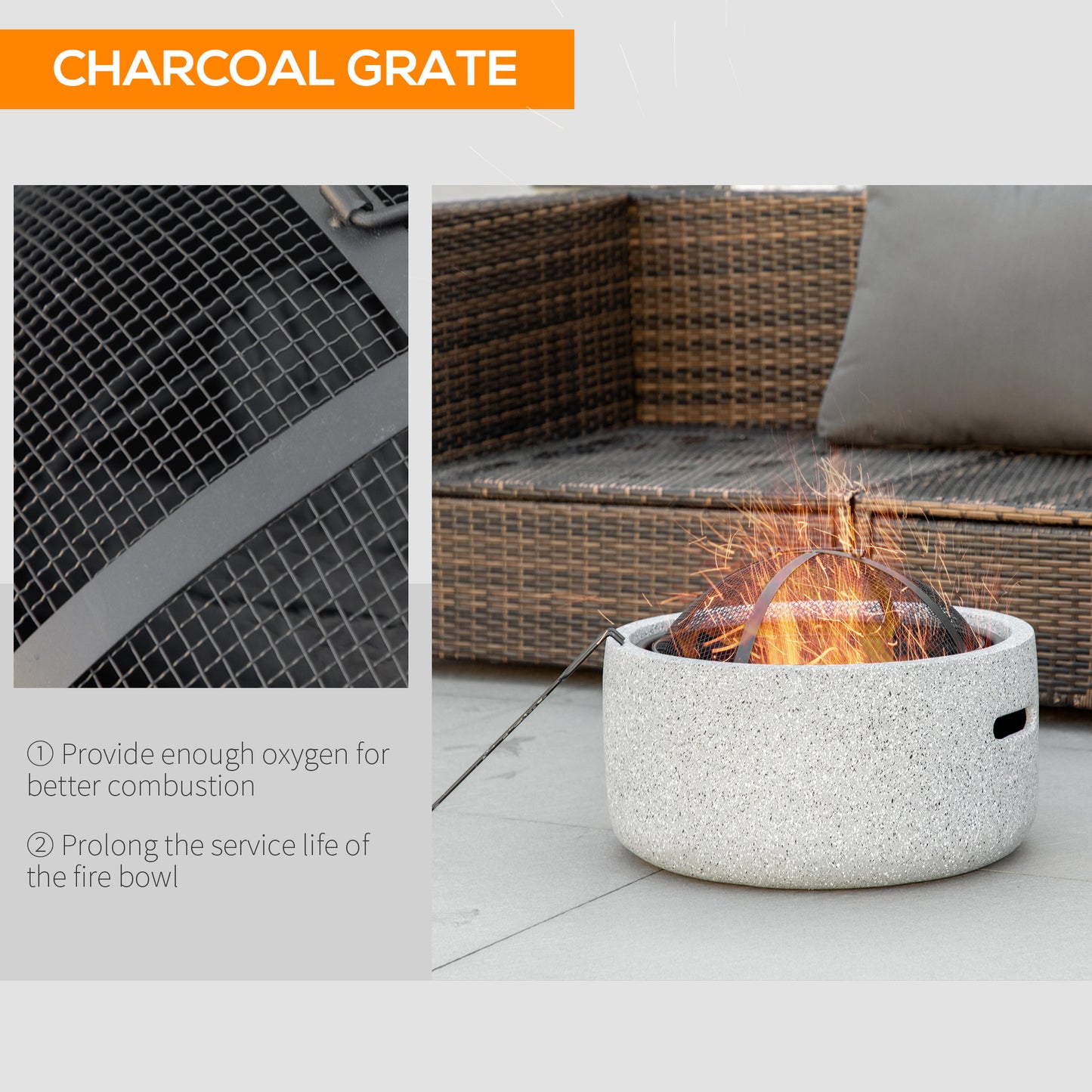 Outsunny 18" Round Outdoor Fire Pit Firepit Fireplace Wood-burning with Spark Screen Poker for Backyard Camping Bonfire, Grey